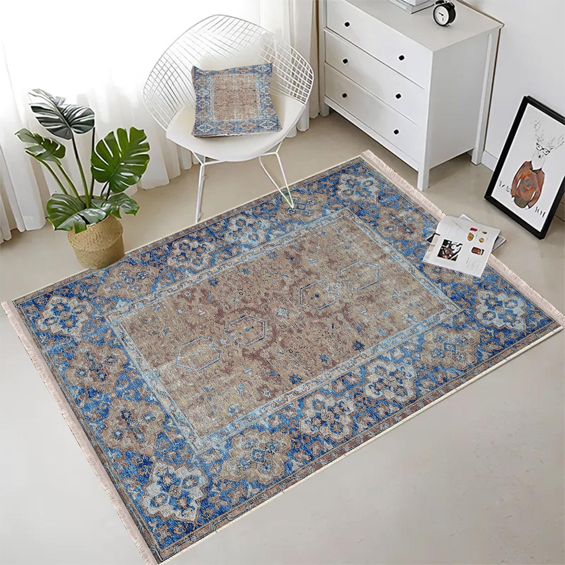 Authentic Ethnic Retro Persian Non-Slip Turkish Kilim Area Rug, Washable Living Room Rugs with pillow case gift, Housewarming Gift