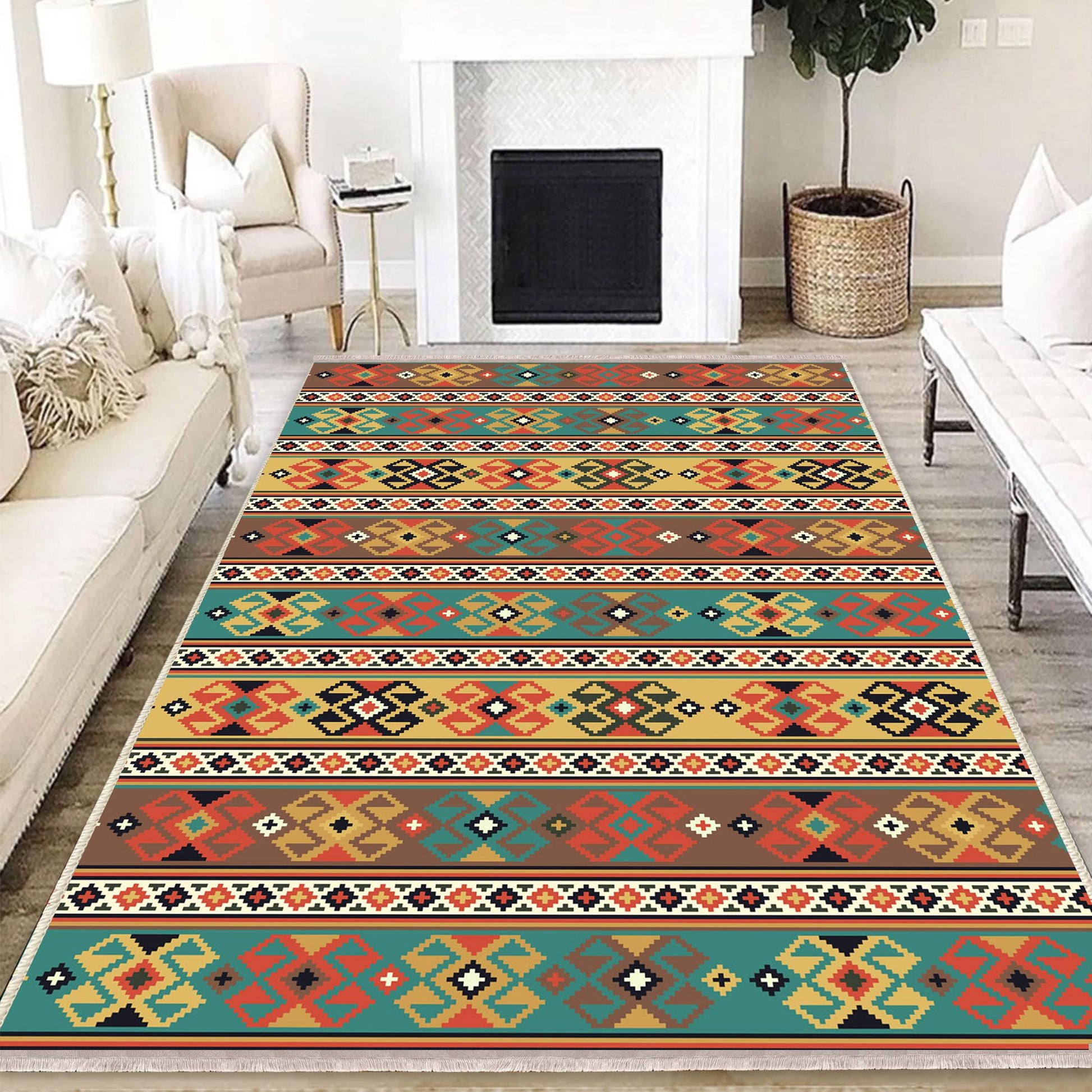 Aztec Ethnic Retro Persian Anatolian Turkish Kilim Area Rug, Washable Non Slip Living Room Rugs with pillow case gift, Housewarming Gift