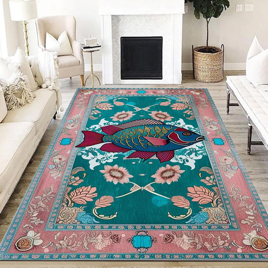Dark Academia Fish Area Rug | Vintage Coastal Nautical Beach Cottagecore Marine Decor Rustic Kitchen Accent Carpet, Chenille Washable Rug