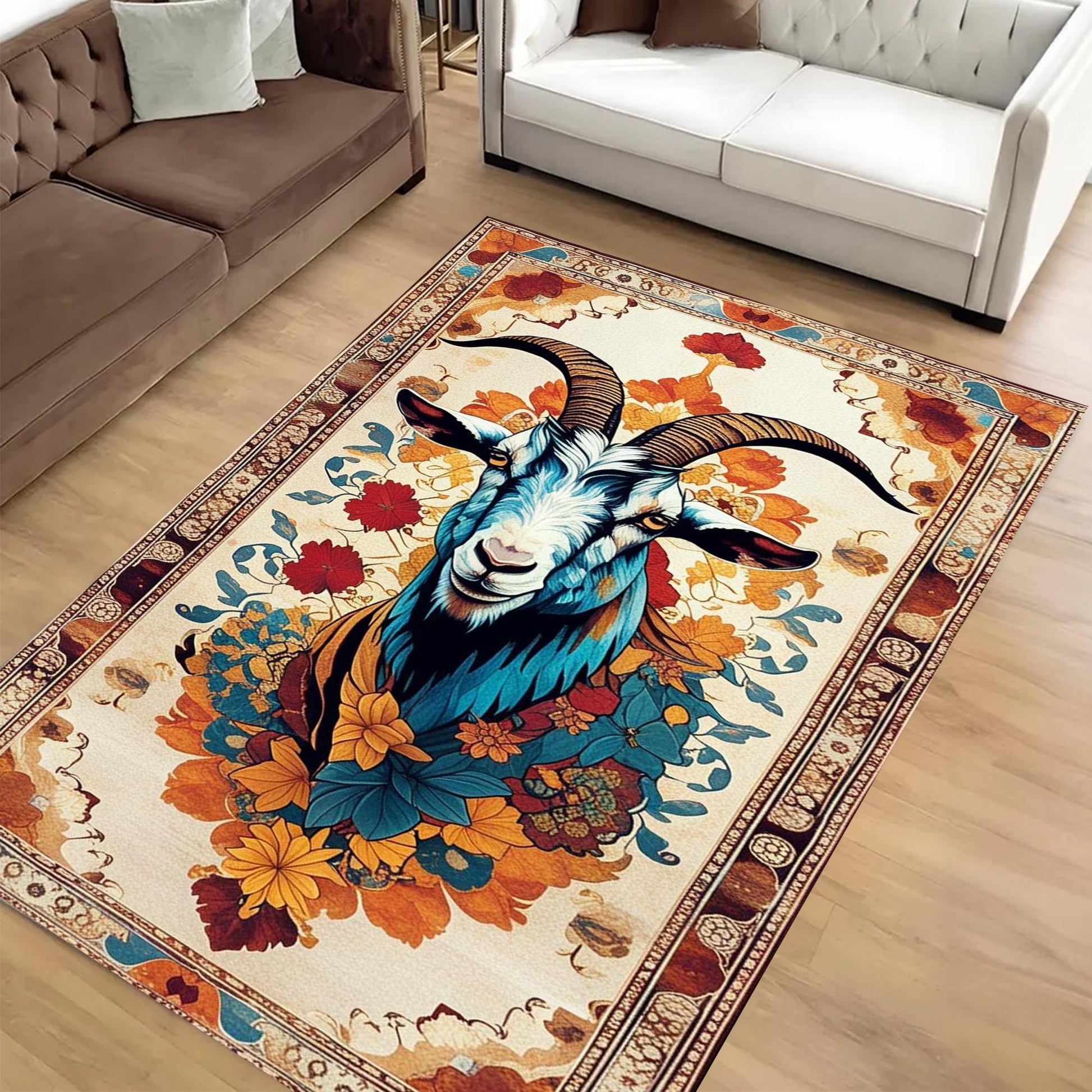 Goat Rug for Kids Room, Colorful Farm Animal Decor, Chenille Washable Non-Slip Rug, Kids Rug with Floral Persian Border, Farmhouse Style