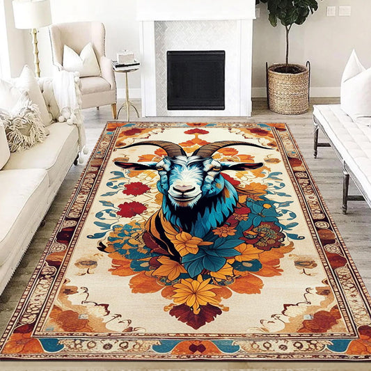 Goat Rug for Kids Room, Colorful Farm Animal Decor, Chenille Washable Non-Slip Rug, Kids Rug with Floral Persian Border, Farmhouse Style