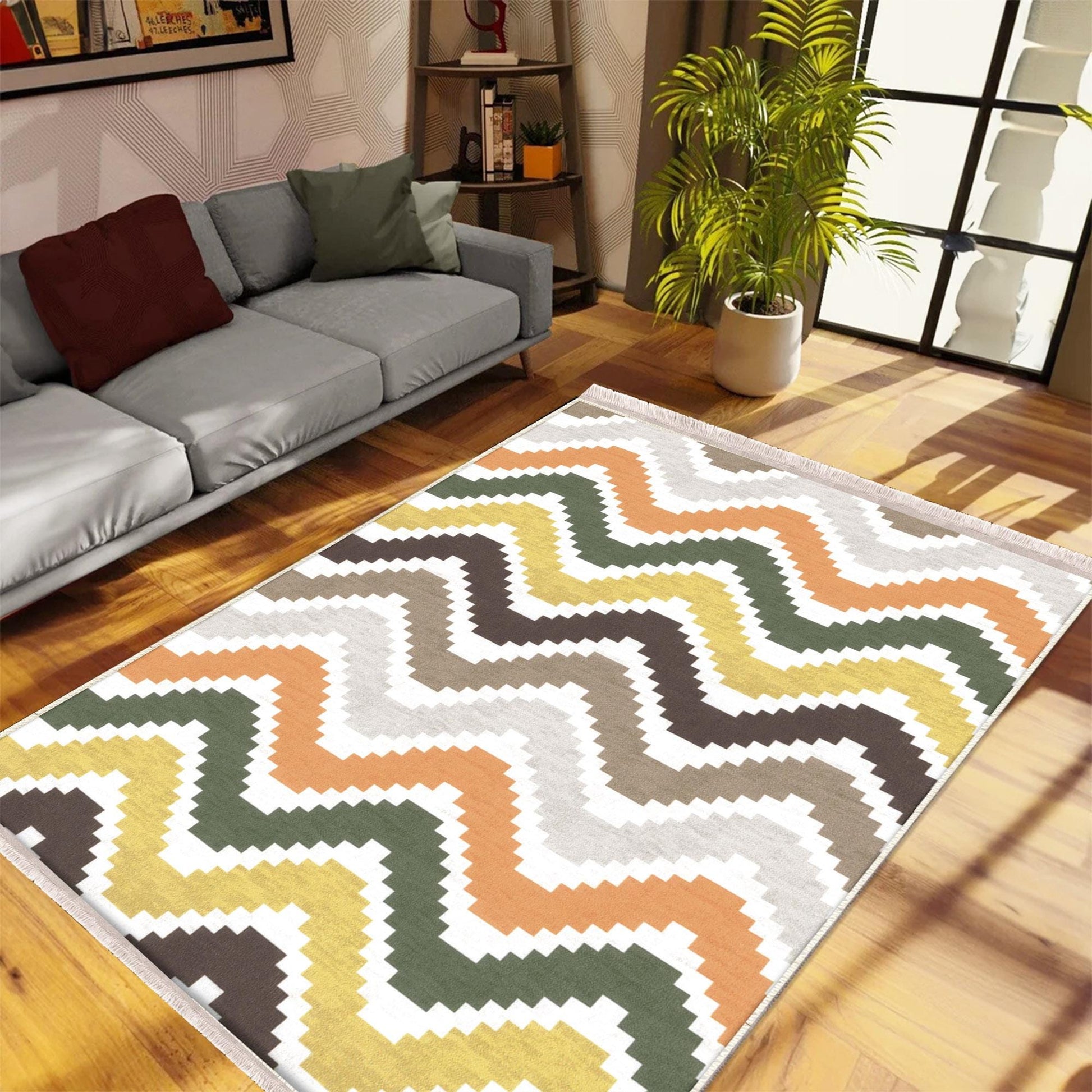 Authentic Ethnic Retro Persian Anatolian Turkish Kilim Area Rug, Washable Non Slip Living Room Rugs with pillow case gift, Colorful Line Rug