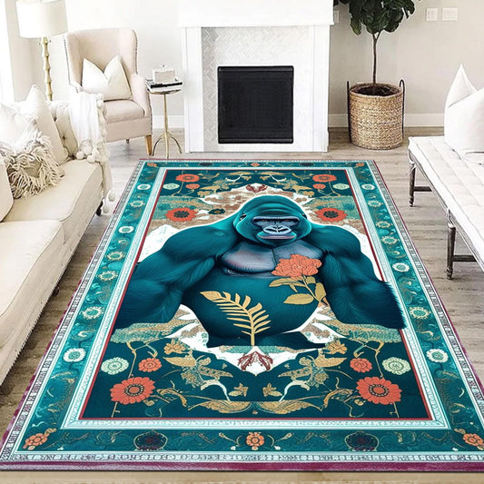 Gorilla Rug for Kids Room - Jungle Animal Decor, Washable Non-Slip Floor Mat, Tropical Green Floral Rug for Playroom, Chenille Washable Rug