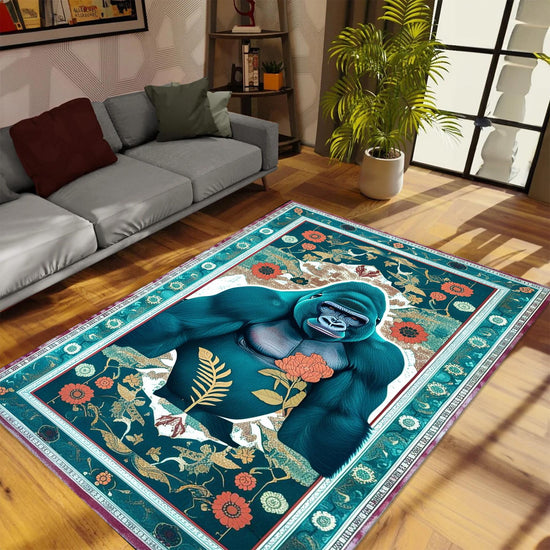 Gorilla Rug for Kids Room - Jungle Animal Decor, Washable Non-Slip Floor Mat, Tropical Green Floral Rug for Playroom, Chenille Washable Rug