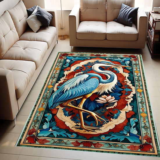 Pelican Area Rug, Vintage Coastal Nautical Beach Cottagecore Marine Decor, Rustic Kitchen Accent Carpet, Chenille Washable Rug