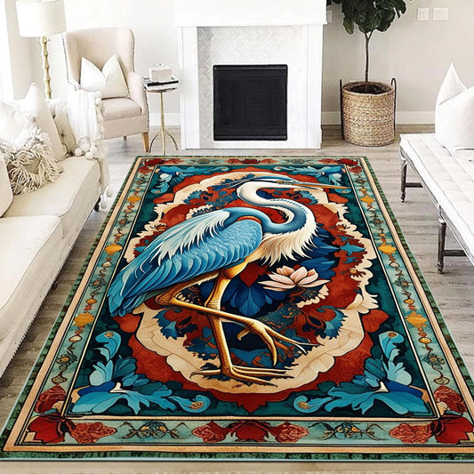 Pelican Area Rug, Vintage Coastal Nautical Beach Cottagecore Marine Decor, Rustic Kitchen Accent Carpet, Chenille Washable Rug