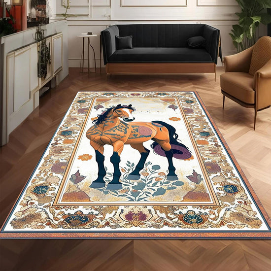 Horse Rug for Living Room, Traditional Oriental Wild Horse Area Rug, Farmhouse Style Horse Rug, Animal Print Carpet, Chenille Washable Rug