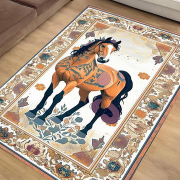 Horse Rug for Living Room, Traditional Oriental Wild Horse Area Rug, Farmhouse Style Horse Rug, Animal Print Carpet, Chenille Washable Rug