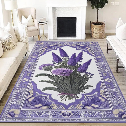 Vintage Lavender Rug, Floral Bedroom Carpet, Purple Lilac Flower Rug, Botanic Area Rug Flower Rug Kitchen Living Room, Chenille Washable Rug