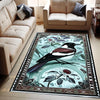 Magpie Rug with Rose Floral Design, Washable Cottagecore Decorative Carpet, Unique Nature & Bird Accent, Chenille Washable Rug