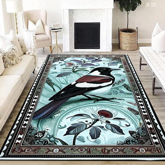 Magpie Rug with Rose Floral Design, Washable Cottagecore Decorative Carpet, Unique Nature & Bird Accent, Chenille Washable Rug