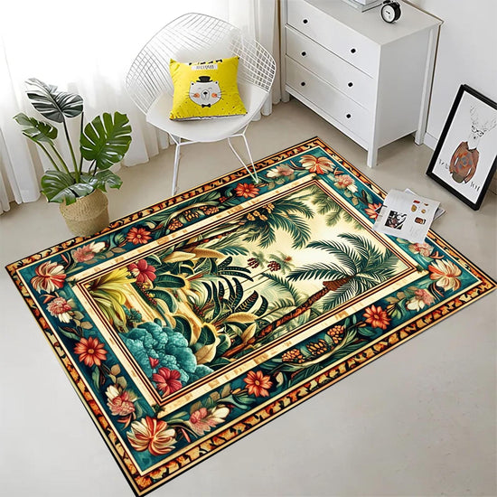 Tropical Area Rug, Forest Palm Trees Jungle Boho Floral Non Slip Carpet, Botanical Floor Decor Living Room Kitchen, Chenille Washable Rug