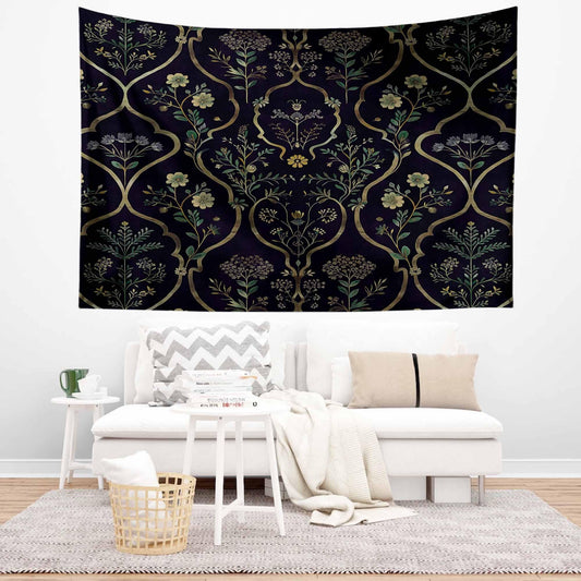 Floral French Wall Tapestry Dark botanical Verdure Eclectic textile Wall Decor Medieval Tapestry dark academia decor Flower tapestry vintage