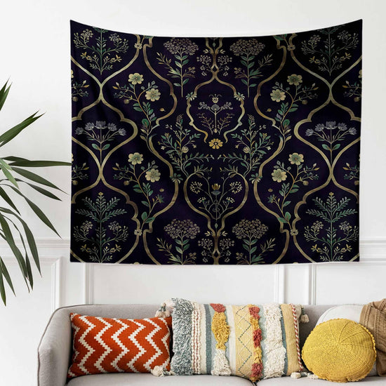 Floral French Wall Tapestry Dark botanical Verdure Eclectic textile Wall Decor Medieval Tapestry dark academia decor Flower tapestry vintage