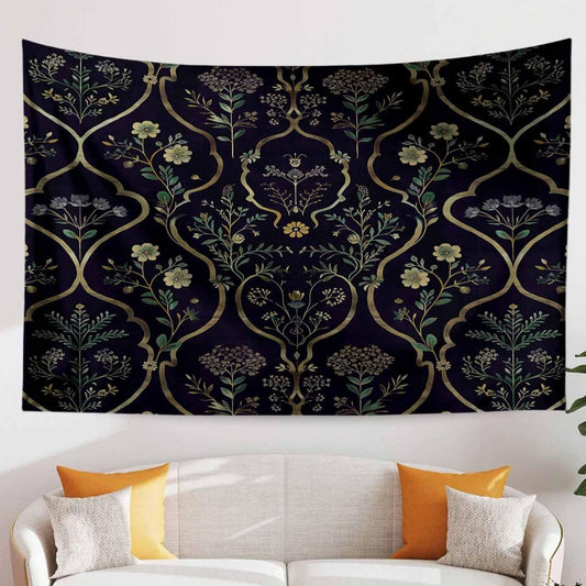 Floral French Wall Tapestry Dark botanical Verdure Eclectic textile Wall Decor Medieval Tapestry dark academia decor Flower tapestry vintage