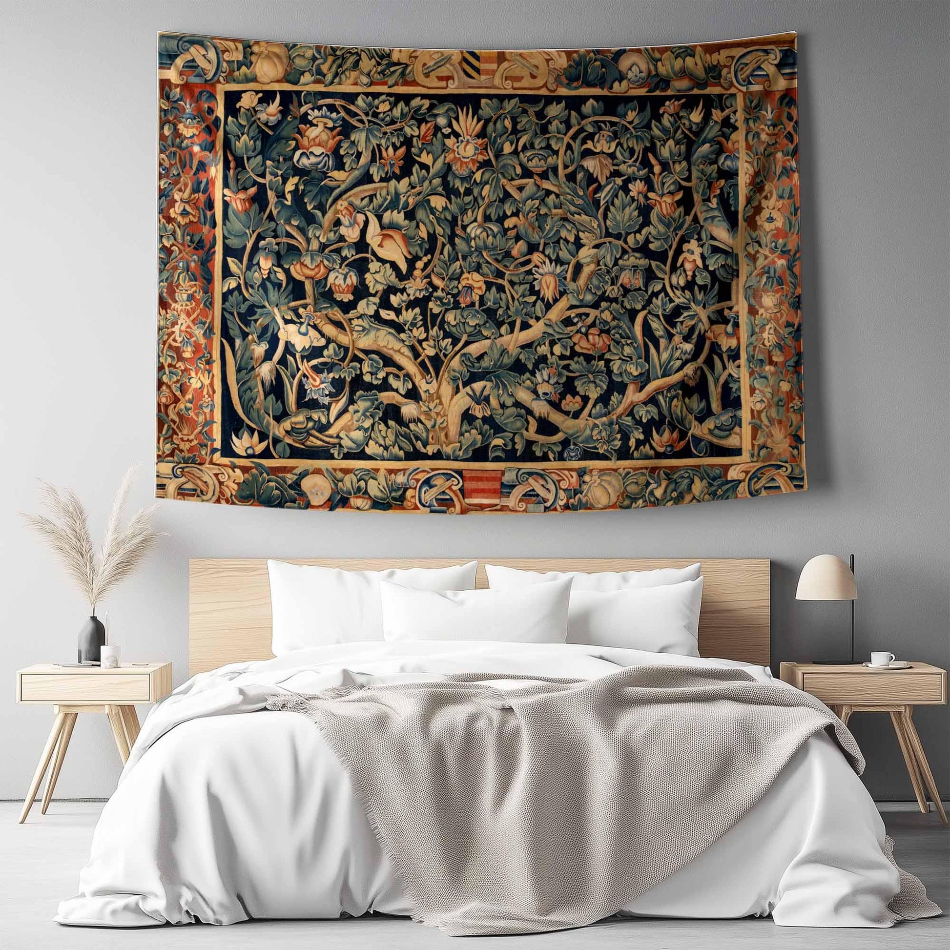 Antique Framed Large French Tapestry Wall Art Hanging, Vintage Dark Floral Cottagecore Decor, Vintage Wall Tapestries, lightweight tapestry