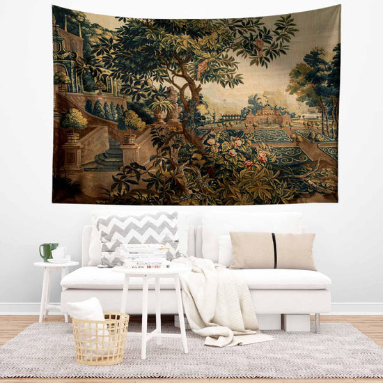 French Medieval Tapestry Verdure with Château Garden, Dark Floral Tapestry Wall Hanging, Large Landscape Tapestry Wall Art, Wall tapestries