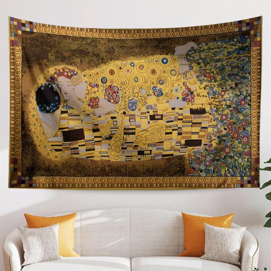 Gustav Klimt Wall Tapestry - The Kiss Love Art Decor, Masterpiece Fabric Wall Hanging, Romantic Valentines Day Gift