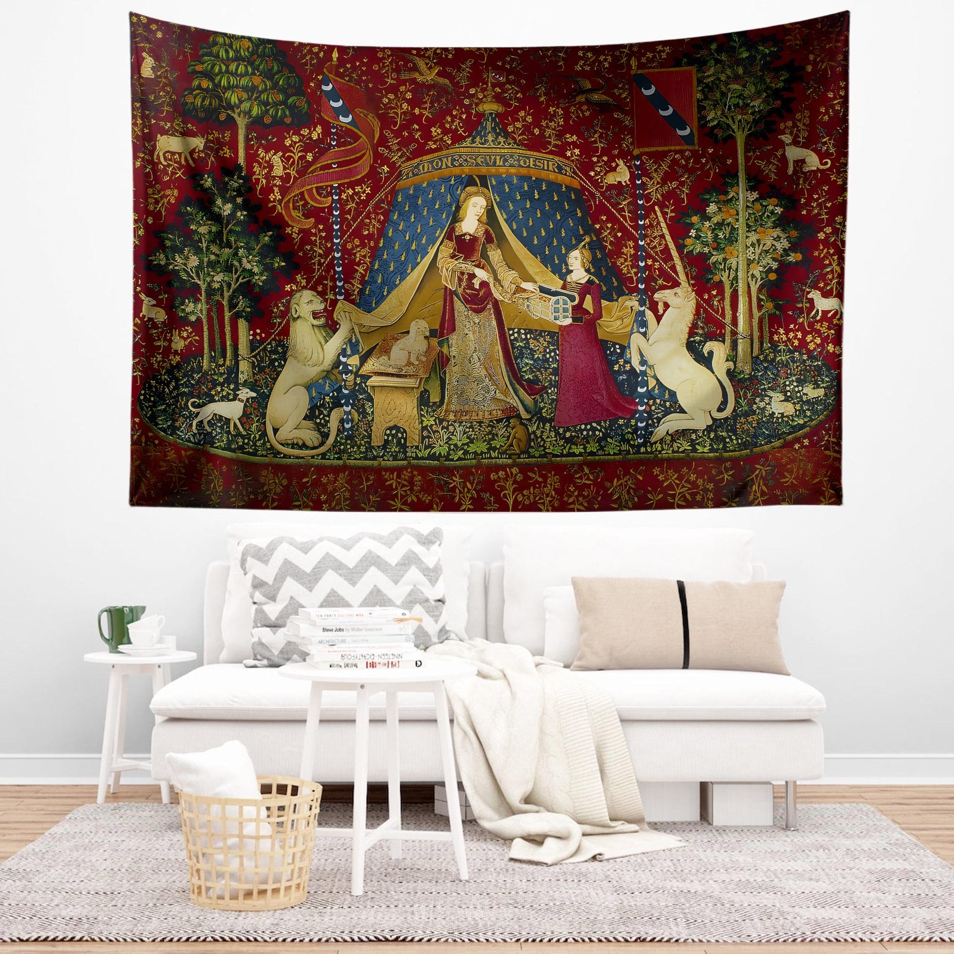Medieval Tapestry Fabric Wall Art, The Lady and The Unicorn Desire Woven Hanging, Historic Middle Ages Decor, Vintage Style Antique Tapestry