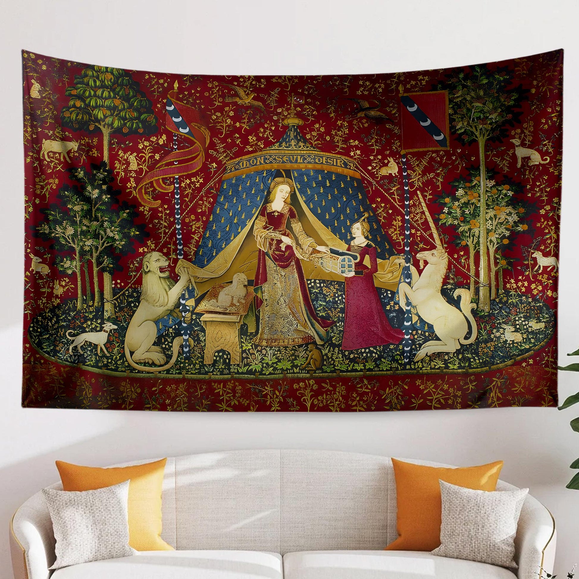 Medieval Tapestry Fabric Wall Art, The Lady and The Unicorn Desire Woven Hanging, Historic Middle Ages Decor, Vintage Style Antique Tapestry