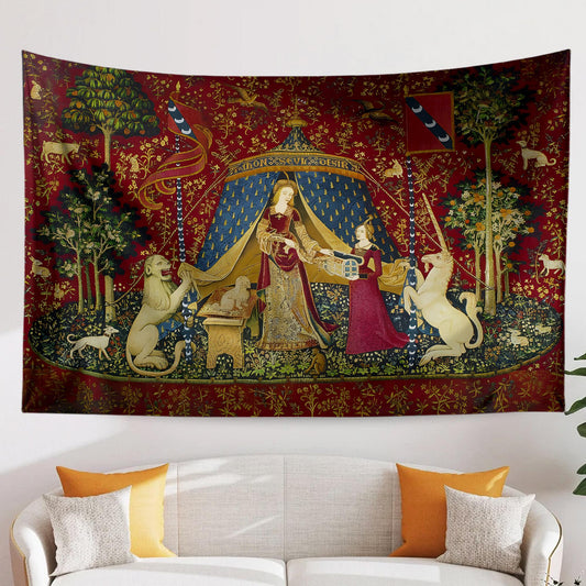 Medieval Tapestry Fabric Wall Art, The Lady and The Unicorn Desire Woven Hanging, Historic Middle Ages Decor, Vintage Style Antique Tapestry