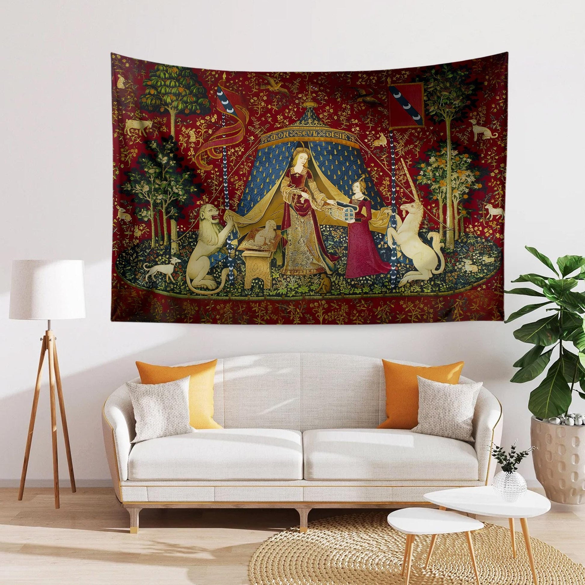 Medieval Tapestry Fabric Wall Art, The Lady and The Unicorn Desire Woven Hanging, Historic Middle Ages Decor, Vintage Style Antique Tapestry
