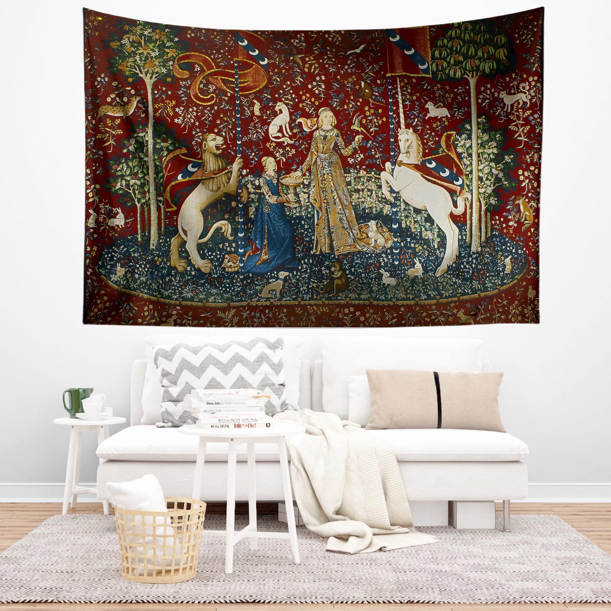 Lady and the Unicorn Sense of Taste Wall Tapestry, Medieval Art Decor, Vintage Style Hanging, Boho Bedroom, Living Room Textile Gift