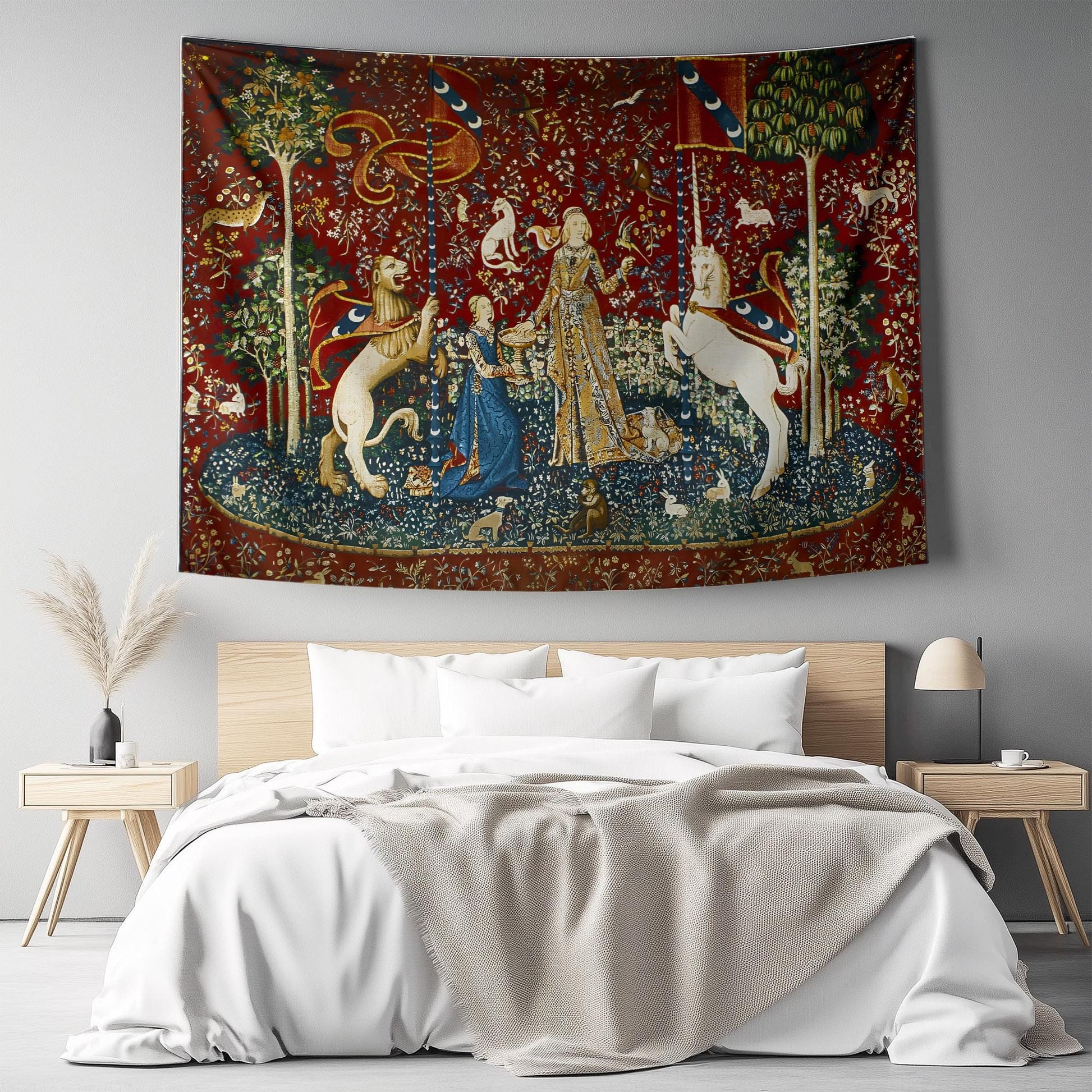 Lady and the Unicorn Sense of Taste Wall Tapestry, Medieval Art Decor, Vintage Style Hanging, Boho Bedroom, Living Room Textile Gift