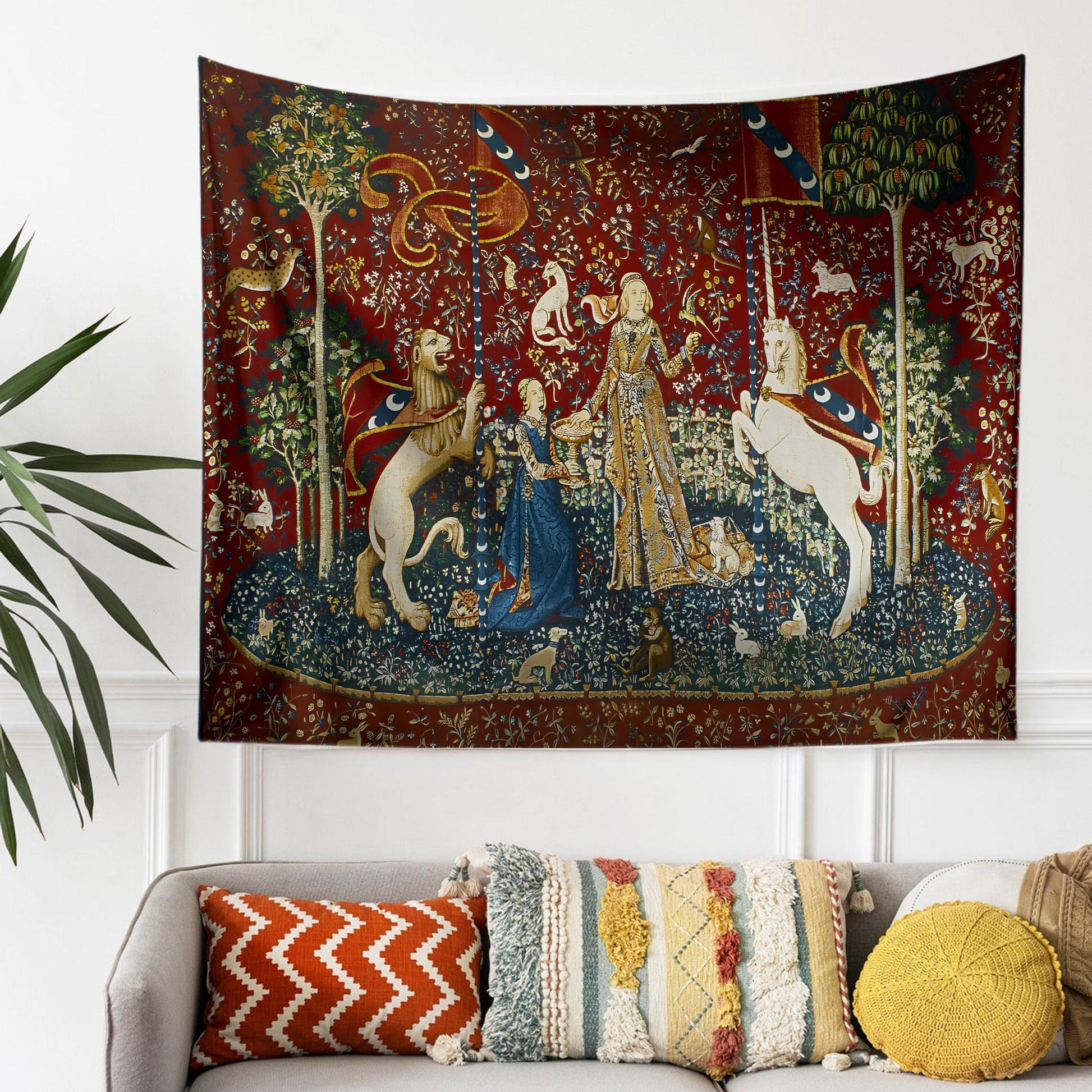 Lady and the Unicorn Sense of Taste Wall Tapestry, Medieval Art Decor, Vintage Style Hanging, Boho Bedroom, Living Room Textile Gift