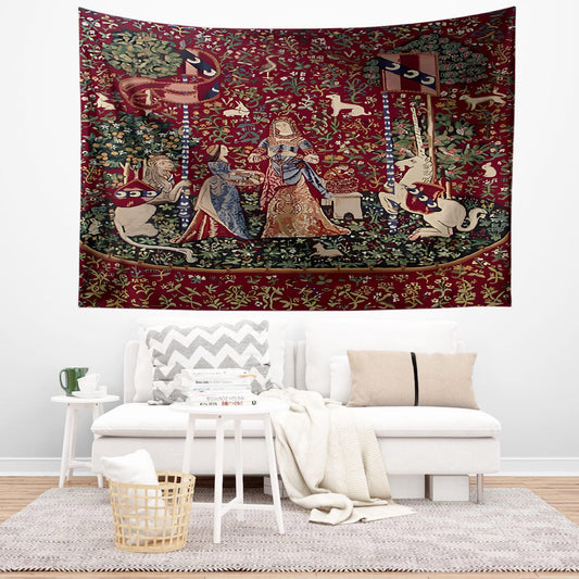 Lady and the Unicorn Smell Belgian Wall Tapestry, Medieval Art Decor, Vintage Fairy Tale Home Hanging, Unique Gift for History Lovers