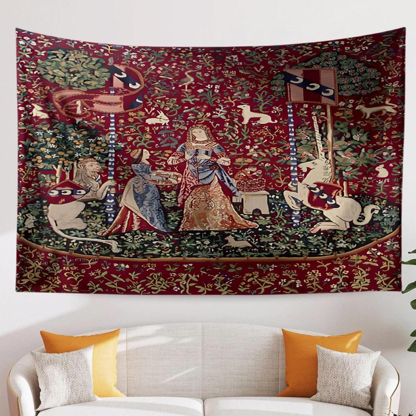 Lady and the Unicorn Smell Belgian Wall Tapestry, Medieval Art Decor, Vintage Fairy Tale Home Hanging, Unique Gift for History Lovers