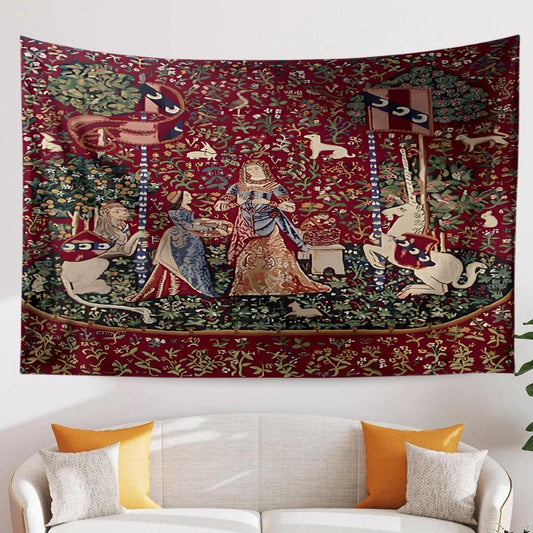 Lady and the Unicorn Smell Belgian Wall Tapestry, Medieval Art Decor, Vintage Fairy Tale Home Hanging, Unique Gift for History Lovers