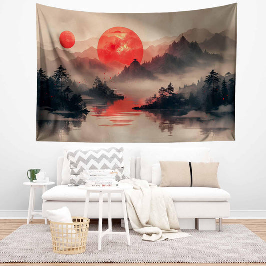 Japanese Red Sunset Wall Tapestry - Japanese Lake & Mountain Landscape Decor, Scenic Asian Art for Living Room Bedroom