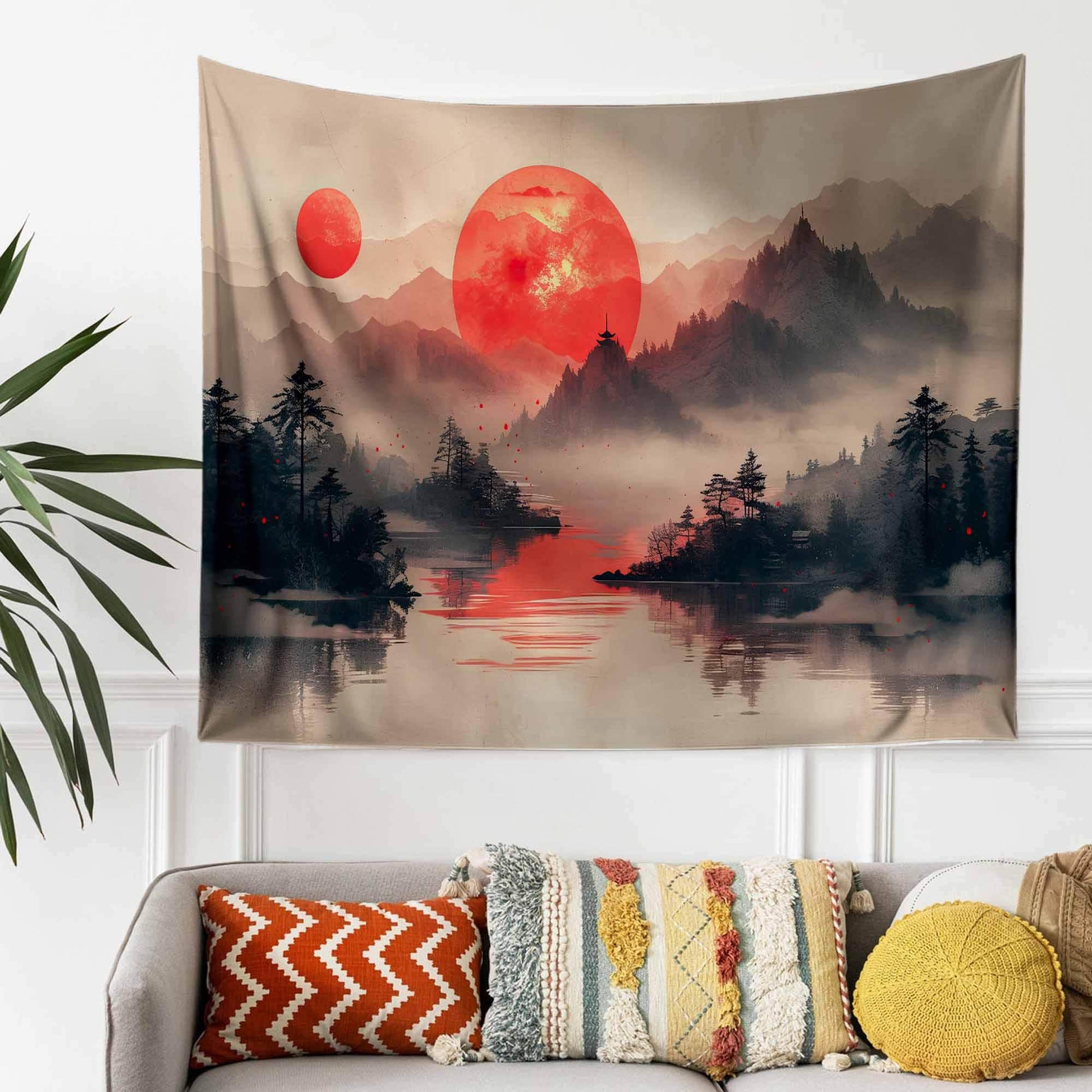 Japanese Red Sunset Wall Tapestry - Japanese Lake & Mountain Landscape Decor, Scenic Asian Art for Living Room Bedroom