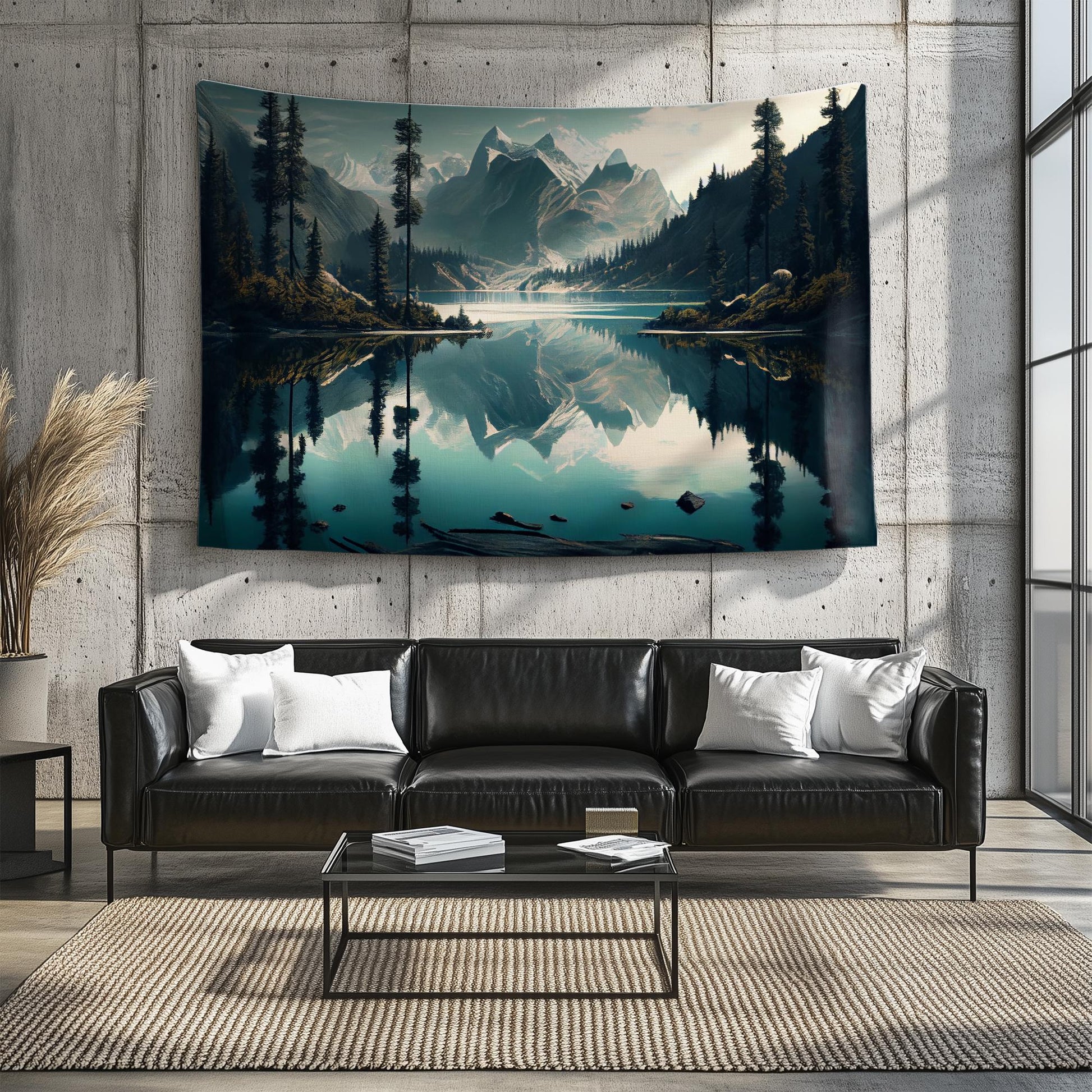 Blue Lake Mountain Wall Tapestry, Forest Trees Landscape Decor, Nature Scenery Hanging Art for Bedroom & Living Room