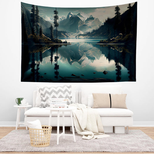 Blue Lake Mountain Wall Tapestry, Forest Trees Landscape Decor, Nature Scenery Hanging Art for Bedroom & Living Room