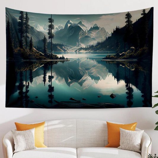 Blue Lake Mountain Wall Tapestry, Forest Trees Landscape Decor, Nature Scenery Hanging Art for Bedroom & Living Room