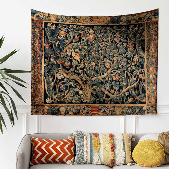 Authentic Antique Tapestry Wall Hanging – Vintage Dark Floral Cottagecore Decor, Classic Vintage Tapestry for Home or Office