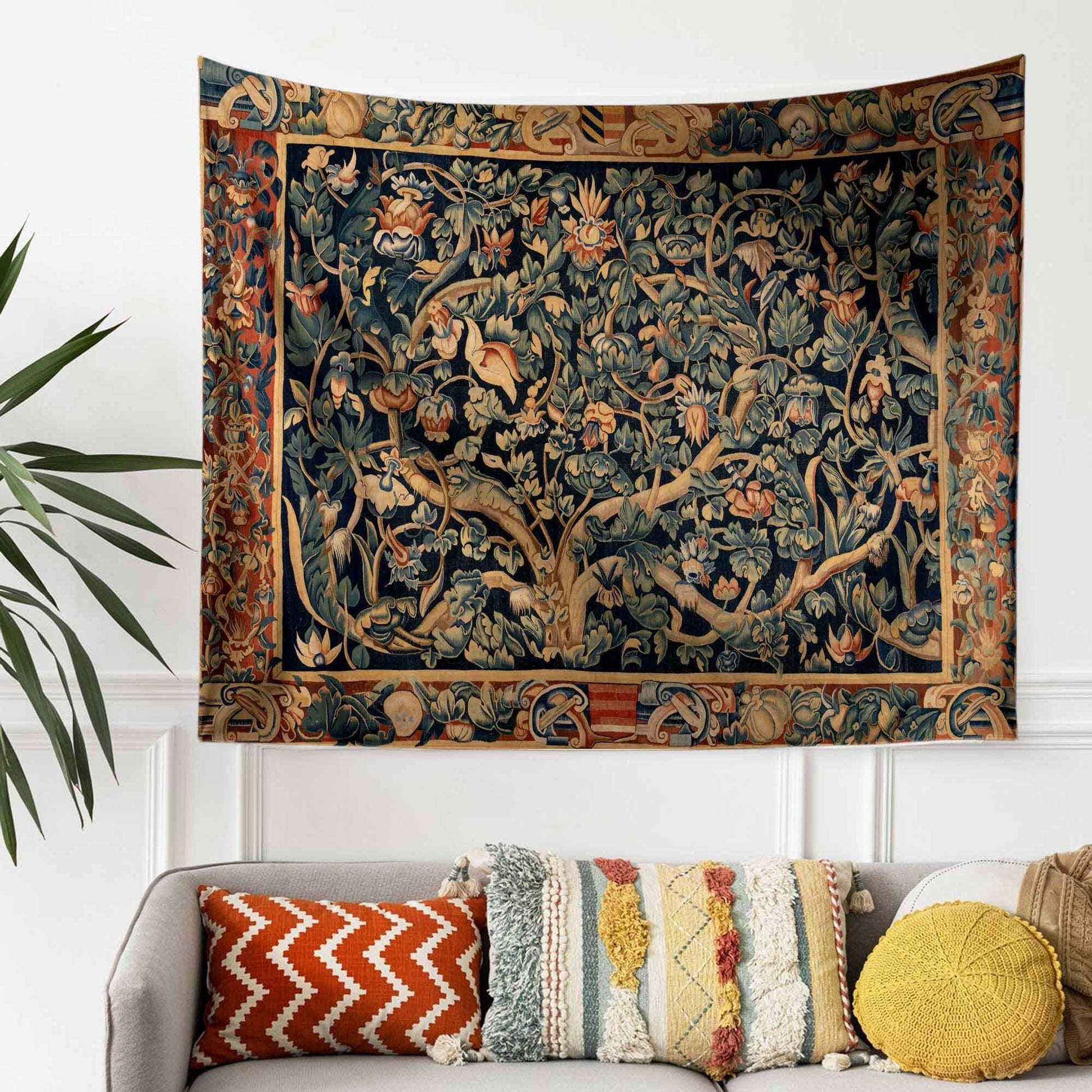 Authentic Antique Tapestry Wall Hanging – Vintage Dark Floral Cottagecore Decor, Classic Vintage Tapestry for Home or Office