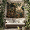 Vintage French Tapestry Verdure with Château & Garden, Dark Floral Wall Hanging, Moody Bedroom Decor, Rustic Wall Art, Home Decoration