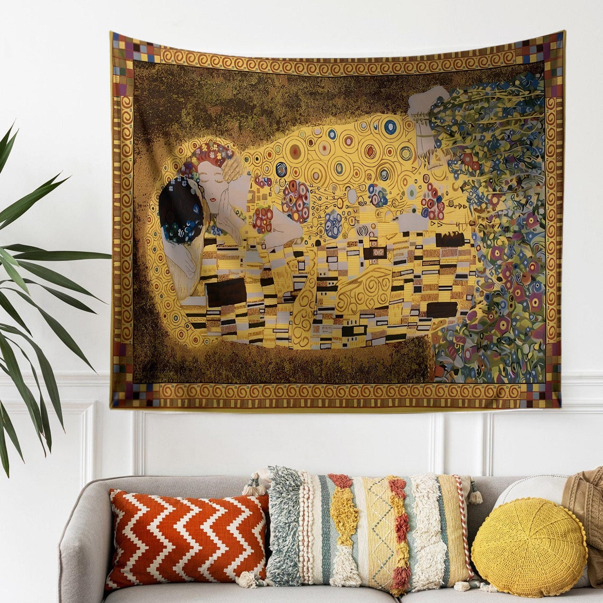 Gustav Klimt Wall Tapestry - The Kiss Love Art Decor, Masterpiece Fabric Wall Hanging, Romantic Valentines Day Gift