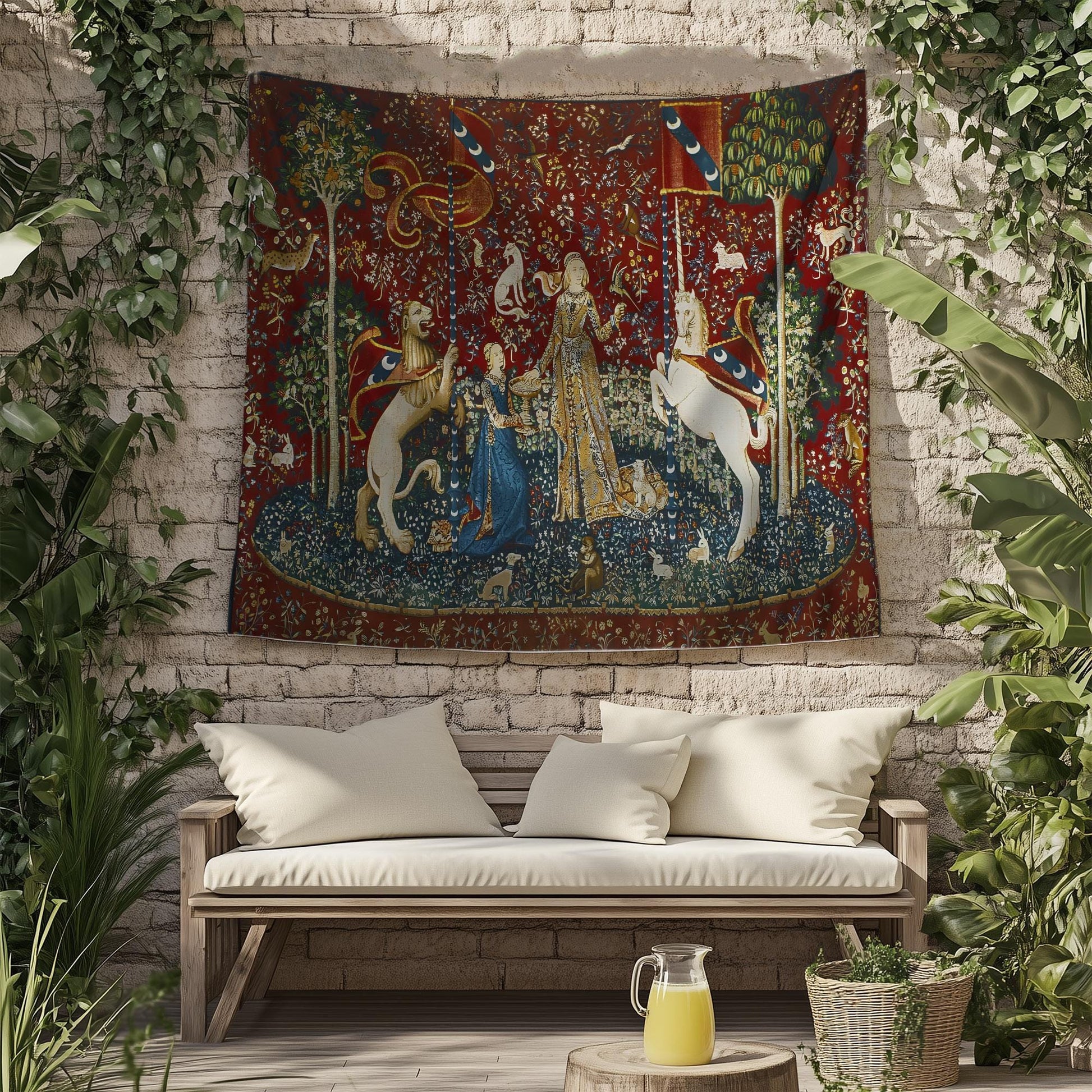 Lady and the Unicorn Sense of Taste Wall Tapestry, Medieval Art Decor, Vintage Style Hanging, Boho Bedroom, Living Room Textile Gift