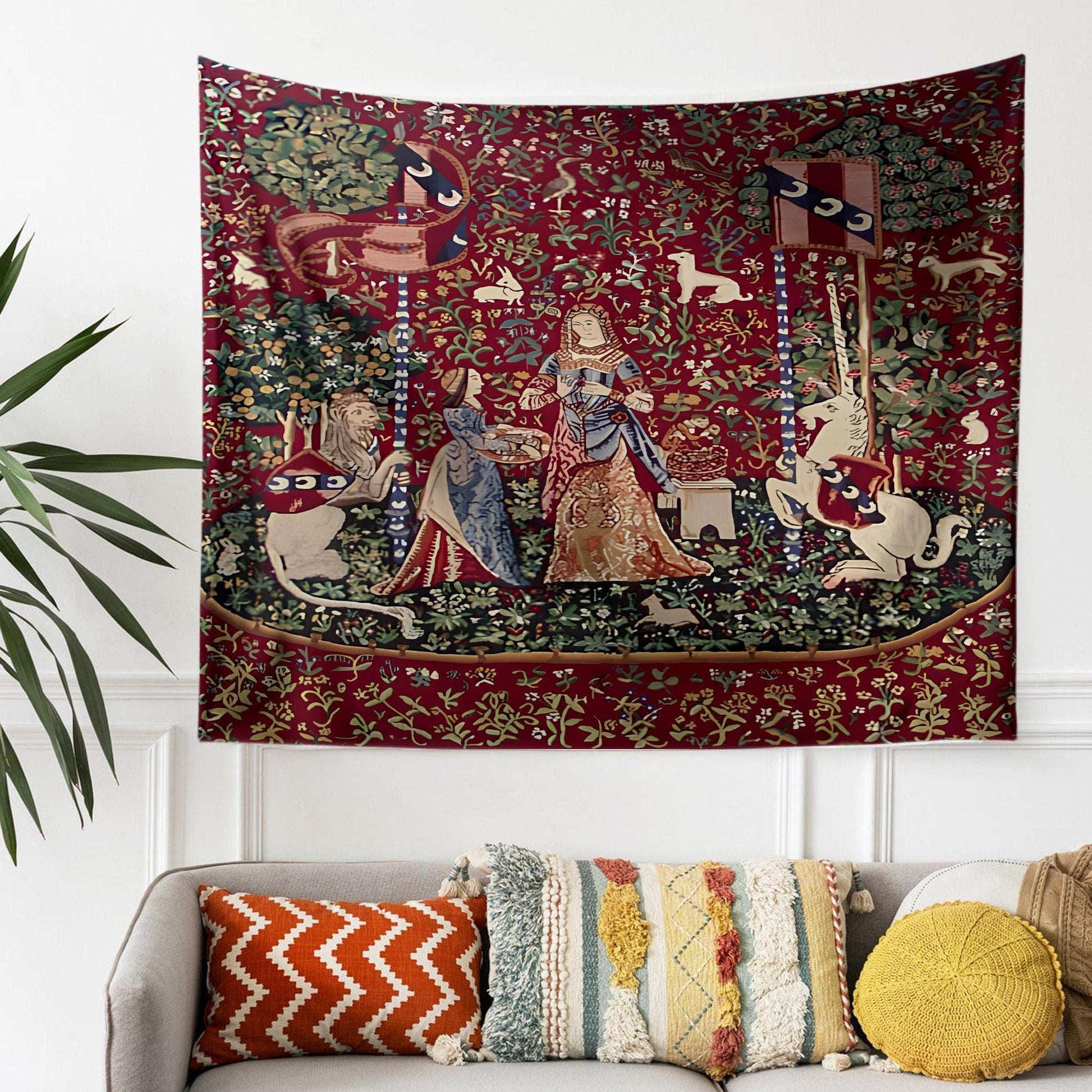 Lady and the Unicorn Smell Belgian Wall Tapestry, Medieval Art Decor, Vintage Fairy Tale Home Hanging, Unique Gift for History Lovers