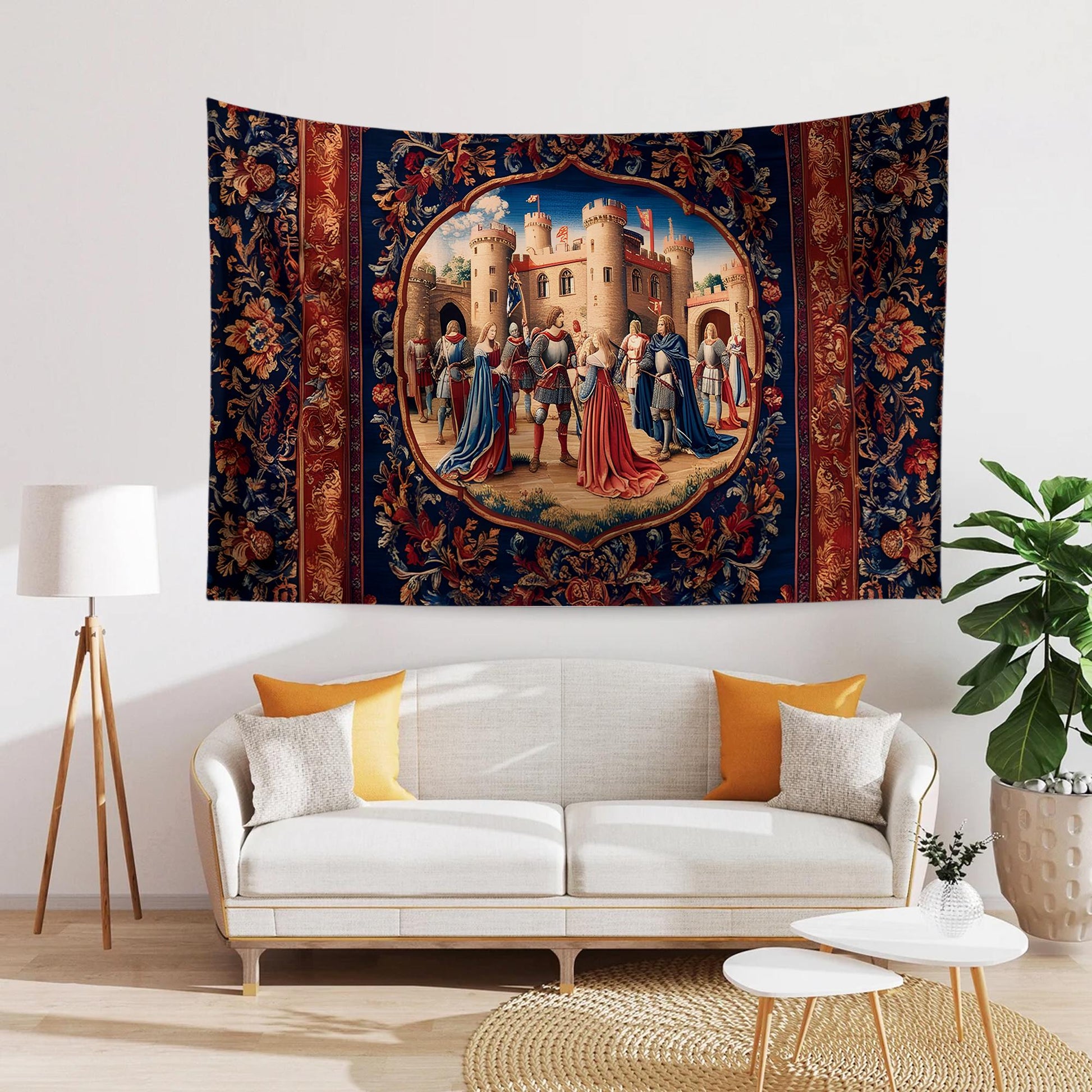 Medieval Castle Wall Tapestry in Red Burgundy – European Princess Castle Decor for Bedroom & Living Room