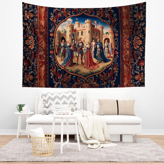 Medieval Castle Wall Tapestry in Red Burgundy – European Princess Castle Decor for Bedroom & Living Room