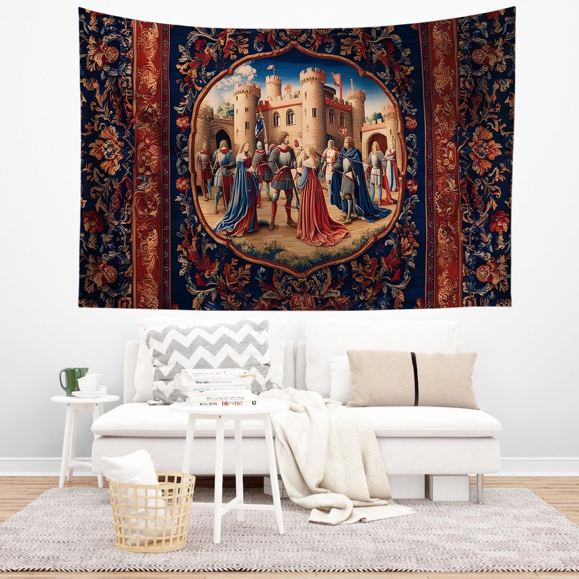 Medieval Castle Wall Tapestry in Red Burgundy – European Princess Castle Decor for Bedroom & Living Room