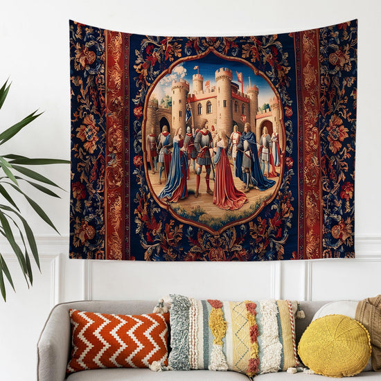 Medieval Castle Wall Tapestry in Red Burgundy – European Princess Castle Decor for Bedroom & Living Room