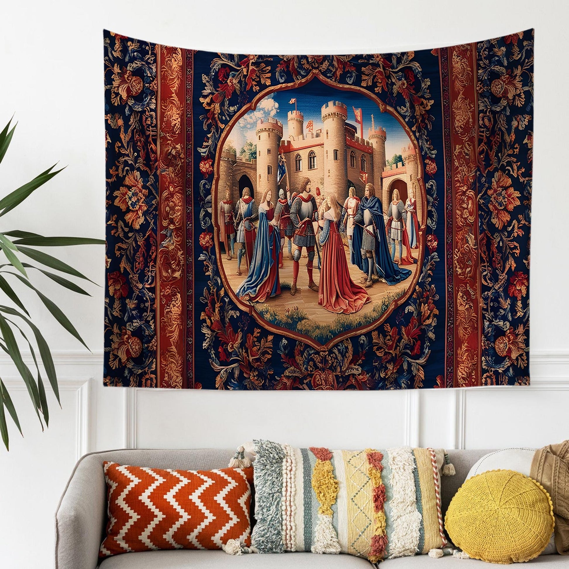 Medieval Castle Wall Tapestry in Red Burgundy – European Princess Castle Decor for Bedroom & Living Room