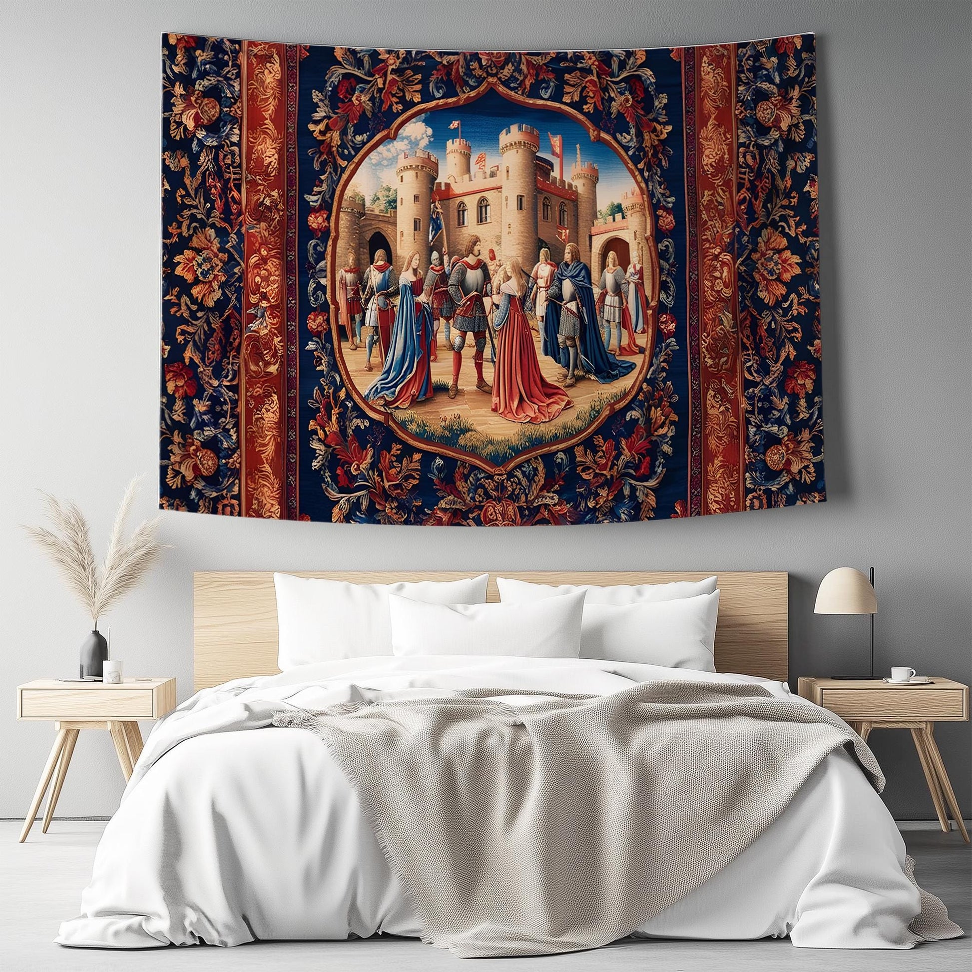 Medieval Castle Wall Tapestry in Red Burgundy – European Princess Castle Decor for Bedroom & Living Room