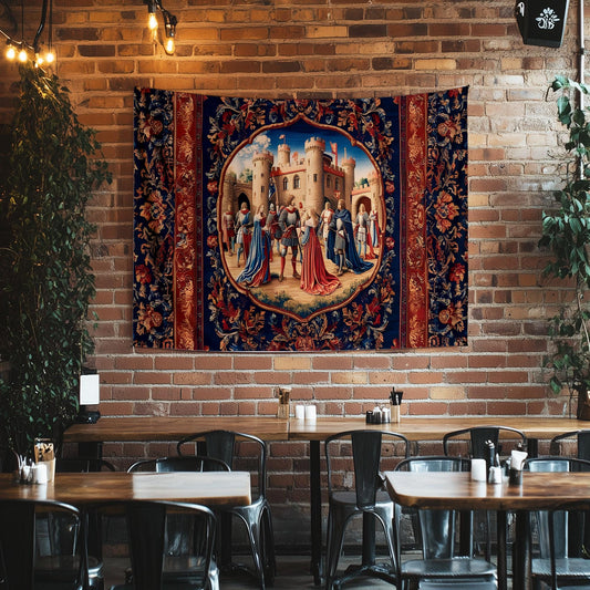 Medieval Castle Wall Tapestry in Red Burgundy – European Princess Castle Decor for Bedroom & Living Room